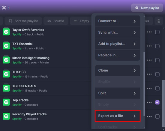 spotify playlists more export as a file