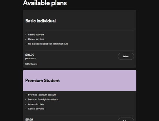 spotify account available plans basic individual