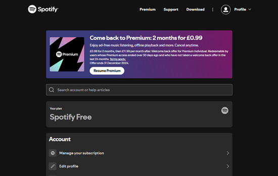 spotify account overview welcome back offer