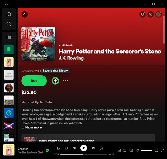 spotify desktop audiobook save to library