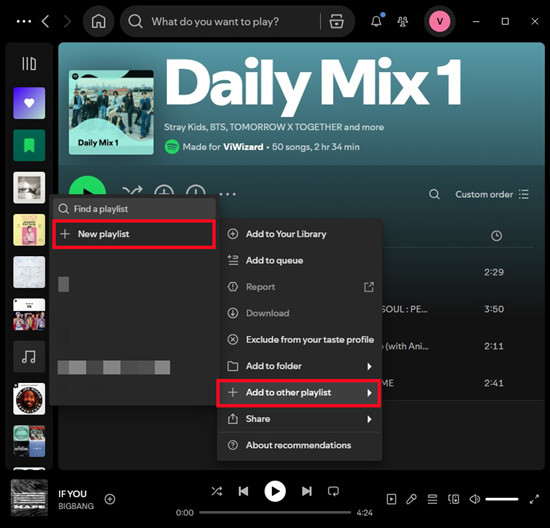 spotify desktop daily mix more add to other playlist new playlist