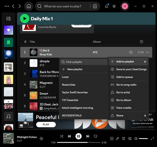 spotify desktop daily mix track more add to playlist