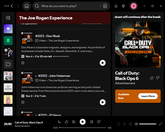 spotify desktop joe rogan experience episode advertisement