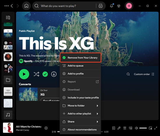 spotify desktop playlist profile remove from your library