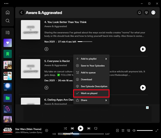 spotify desktop podcast episode mark as played