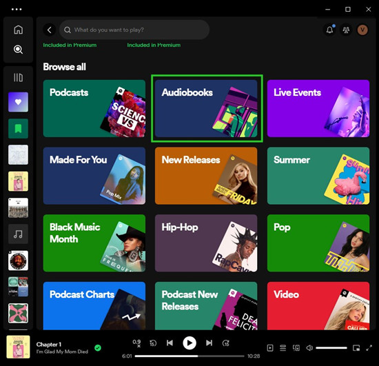 spotify desktop search browse all audiobooks