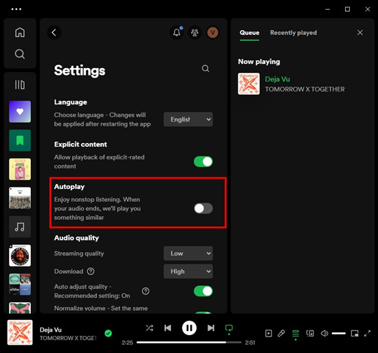 spotify desktop settings autoplay disabled