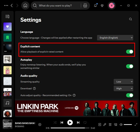 spotify desktop settings explicit content