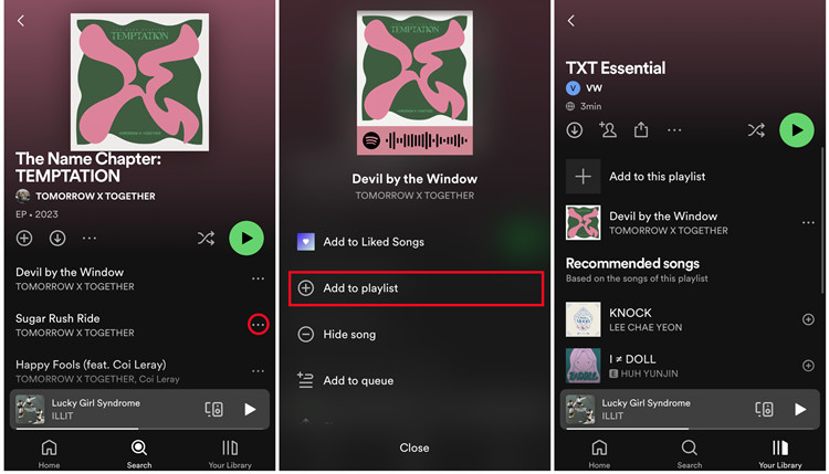 spotify mobile album song add to playlist