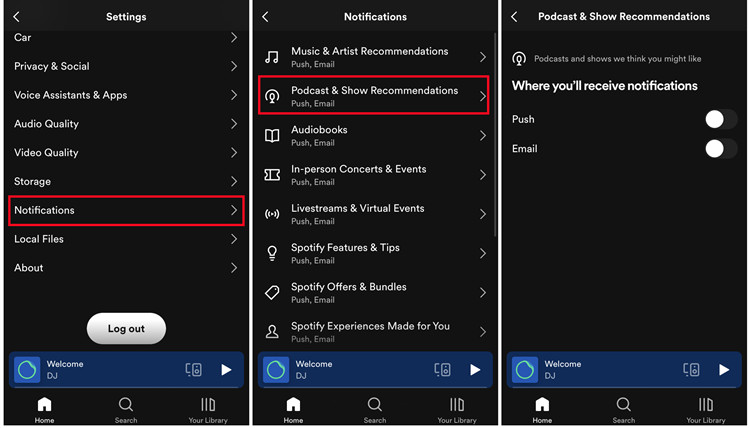 spotify mobile notifications podcast and show recommendations