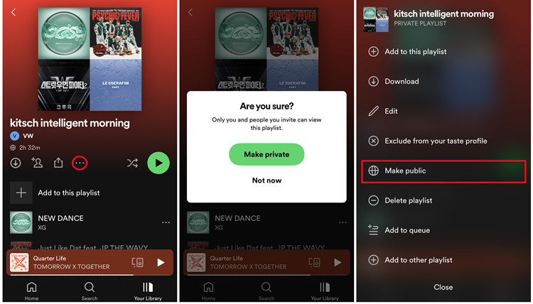 spotify mobile playlist make public private