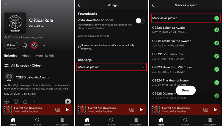 spotify mobile podcast settings mark as played