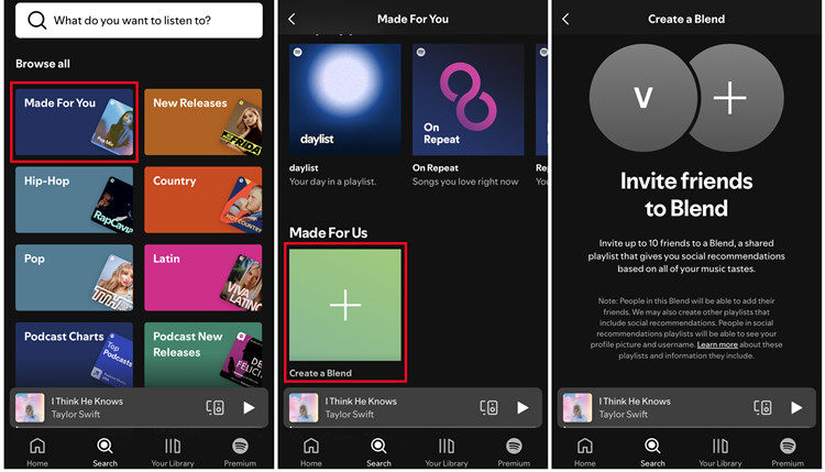 spotify mobile search made for you create a blend invite