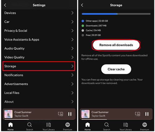 spotify mobile settings storage remove all downloads