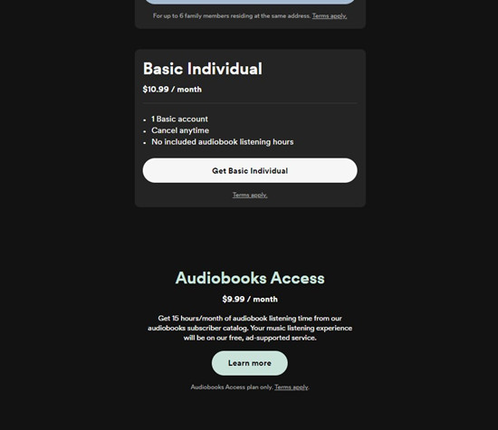 spotify premium plan basic individual audiobooks access