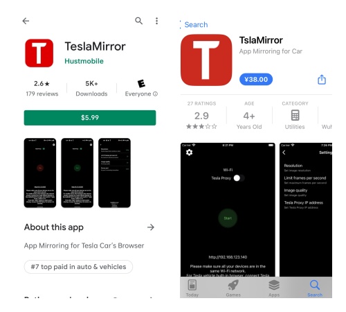 teslamirror app in android and iphone