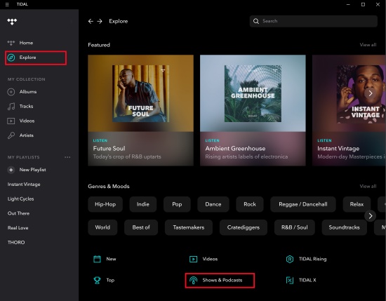 tidal desktop shows and podcasts tab