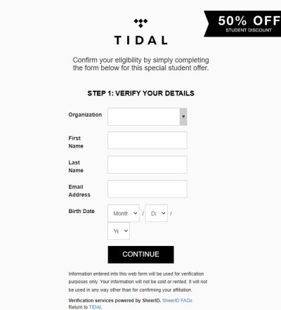 tidal student discount verification page