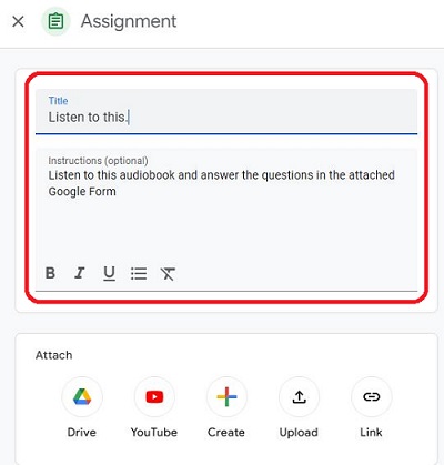 title and instructions on google classroom