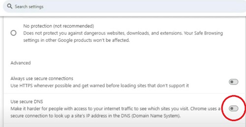 toggle secure dns use off