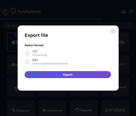 tunemymusic export to file select format csv