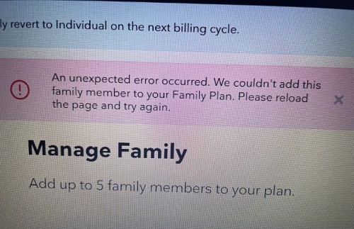 unable to add members to tidal family plan