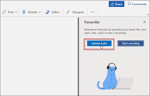 upload audio to microsoft word for transcription