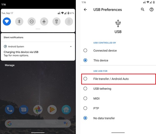 usb preferences on android