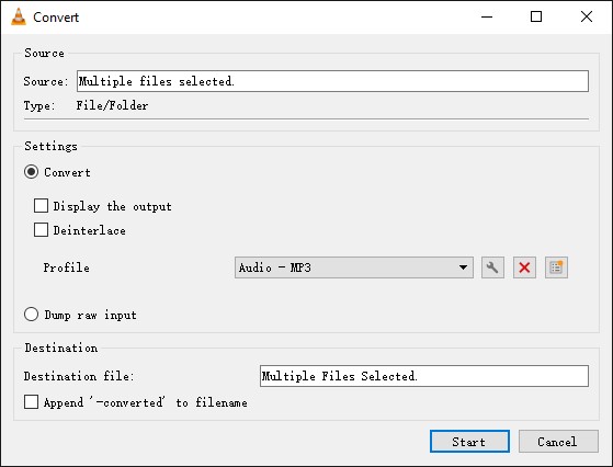 vlc media player convert audio mp3 multiple files selected