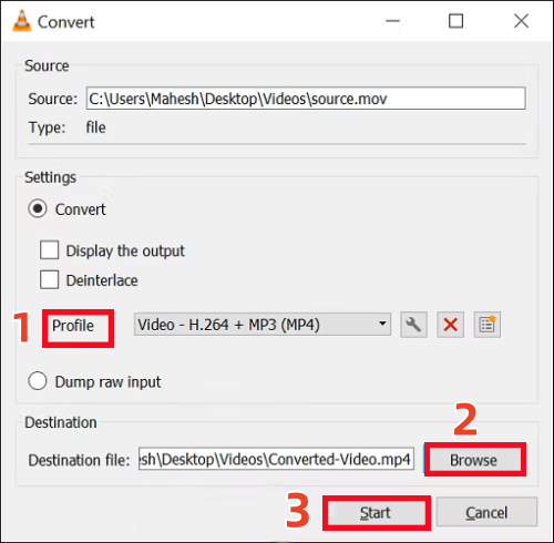 vlc set format destination