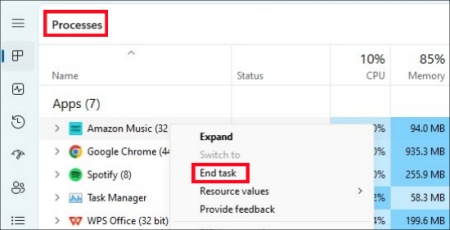 windows end amazon music task