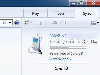 windows media player sync tab