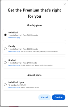 youtube free trial plan