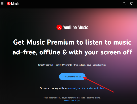 youtube music free trial