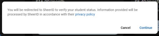 youtube subscription redirect to sheerid warning